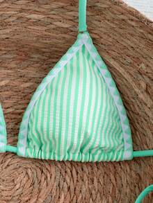 Swim Mod Bộ bikini nữ kẻ sọc xanh dễ thương, buộc dây, đồ bơi đi biển tươi mát cho kỳ nghỉ hè. - Màu xanh bạc hà - Xem 4