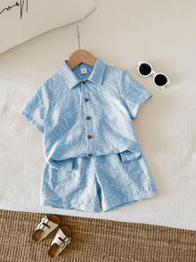 SHEIN 2pcs Kids/Young Boy Summer Casual Holiday Shirt And Shorts Set, Holiday Outfit, Boys Summer Set - Blue - View 5