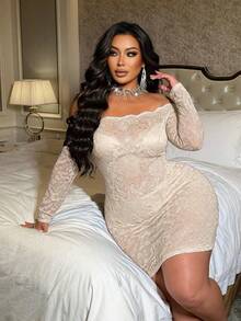 NU&NOW Plus Size Lace Sexy Sheer Floral Trim Off-Shoulder Long Sleeve Dress Fall - Apricot - View 4
