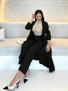 Shopreo 1件女款長領直肩長褲套裝，深灰色秋季面料女裝黑色 - 黑色 - 查看 5