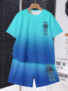 SHEIN 青少年男童休闲舒适简约圆领短袖T恤和短裤套装 - 彩色 - 查看 4