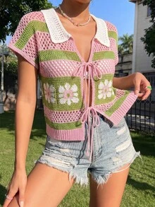 Breezaya 女士夏季沙滩度假撞色条纹花卉图案蝙蝠袖系带针织上衣 - 粉色 - 查看 3