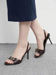 CUCCOO BIZCHIC Giày sandal cao gót mũi tròn hở mũi kiểu Pháp, khóa kim loại, gợi cảm, dành cho nữ, mùa hè. - Cà phê nâu - Xem 3