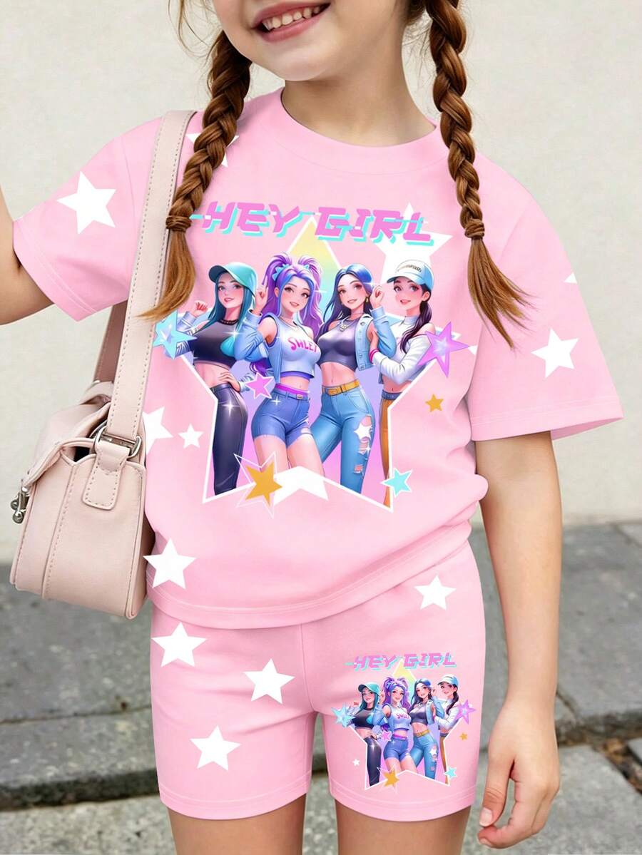 1 Set Young Girls' Light Pink Summer Casual Fashionable Sweet K-POP Girl Pattern & Pentagram Print Short Sleeve T-Shirt And Cycling Shorts Set - Multicolor - View 1