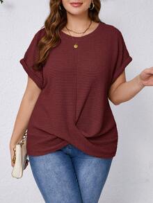 SHEIN Clasi Kaos Lengan Pendek Kasual Ukuran Besar Warna Polos Kerah Bulat dengan Detail Lipatan, Musim Panas - Burgundy - View 1