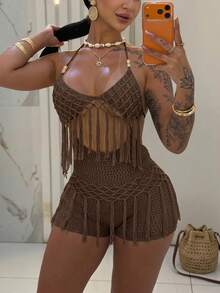 Soleia Bộ jumpsuit dệt kim hở lưng gợi cảm dành cho nữ, có tua rua, thích hợp cho bãi biển và kỳ nghỉ. - Cà phê nâu - Xem 9
