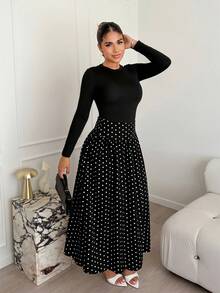Falda acampanada casual de mujer con estampado de lunares, otoño - Negro - Ver 6
