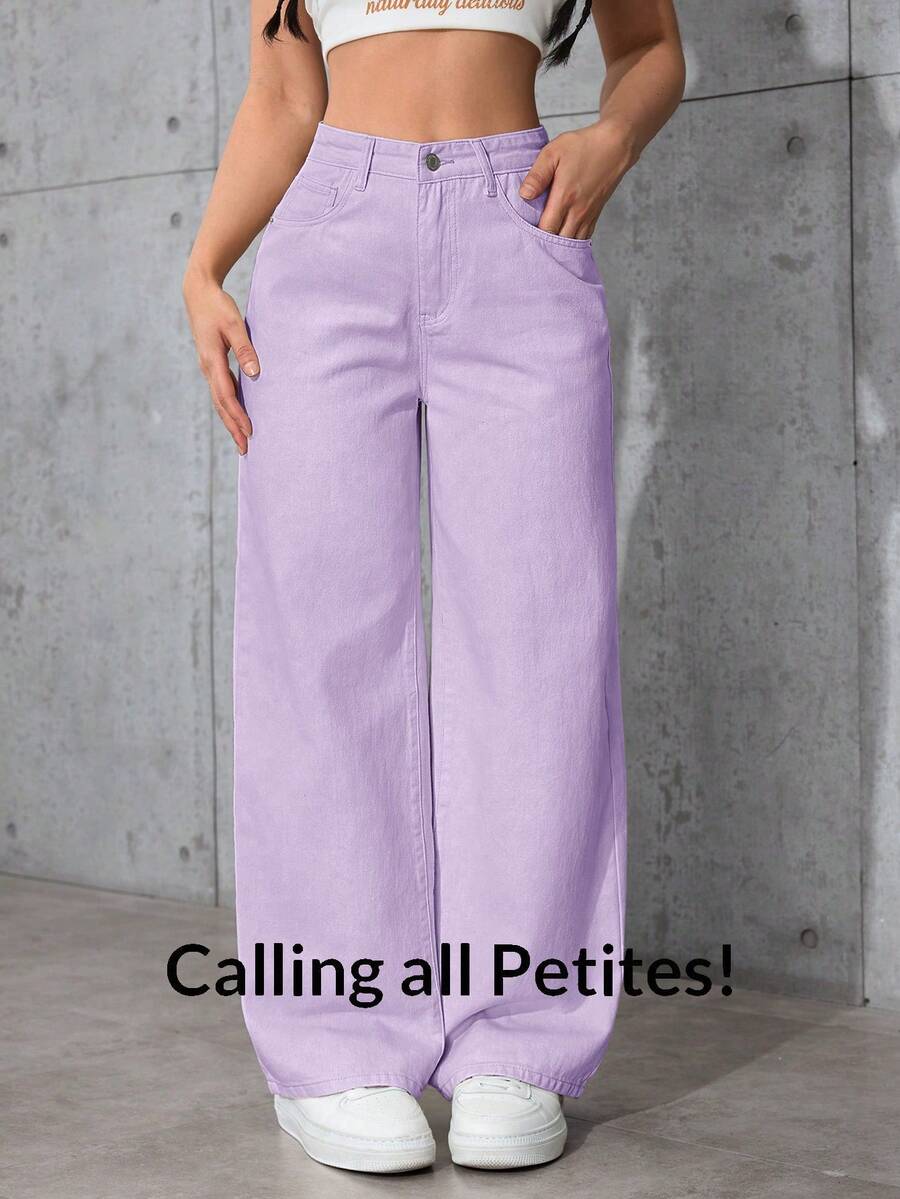 SHEIN PETITE 女款時尚百搭口袋鈕扣直筒牛仔褲,適合嬌小女性 - 紫色 - 查看 1