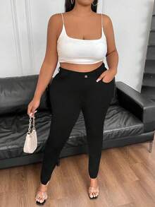 Maweii Plus High Casual Solid Waist Skinny Pants Fall Cloth For Women - Black - View 6