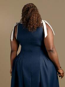 CurvyTilda Plus Size Crew Neck Sleeveless Contrast Trim Bow Decor Waist Flare Hem Khaki Casual Dress Navy Blue Elegant Dress Captains Dinner Dress Retro Dresses For Woman Dark Blue Dress Tea Length Dress - Navy Blue - View 4