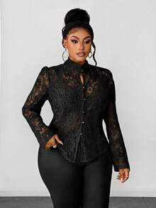 Maweii Plus Size Sexy Sheer Lace Front Button Long Sleeve Shirt, Summer - Black - View 2
