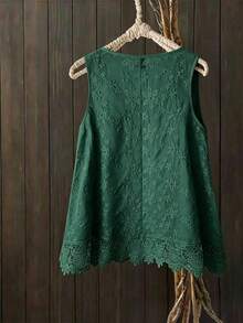 SHEIN LUNE CURVE 大码女式春夏刺绣无袖圆领修身背心，百搭时尚 - 墨綠色 - 查看 2