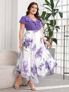Reflora 大码女士优雅印花连衣裙，夏季婚礼宾客礼服 - 彩色 - 查看 5