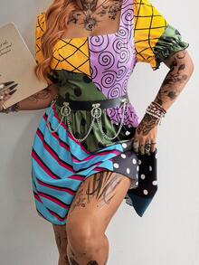 Whyspr Plus Size Punk Patchwork Printed Short Sleeve Dress, Spring/Summer - Multicolor - View 6