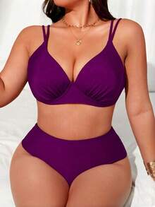 Swim Lushoire بيكيني بخصر عالي ذو كأس صلب مجمع للمرأة ذات الحجم الكبير، بألوان صلبة جديدة، قابل للتعديل، أنيق وعصري، ملابس سباحة كاجوال للشاطئ والمنتجعات - الأرجواني - مشاهدة 4