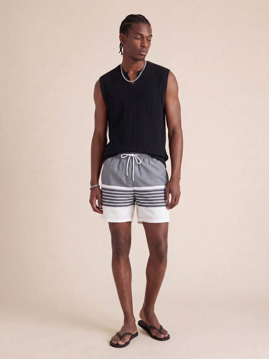 Zalmeno Pantalones cortos de playa holgados con cordón en la cintura y bolsillos a rayas para hombre - Gris - Ver 1