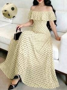 Modelyn Fashionable Off Shoulder Polka Dot Cinched Waist Elegant Dress, Spring/Summer - Yellow - View 5