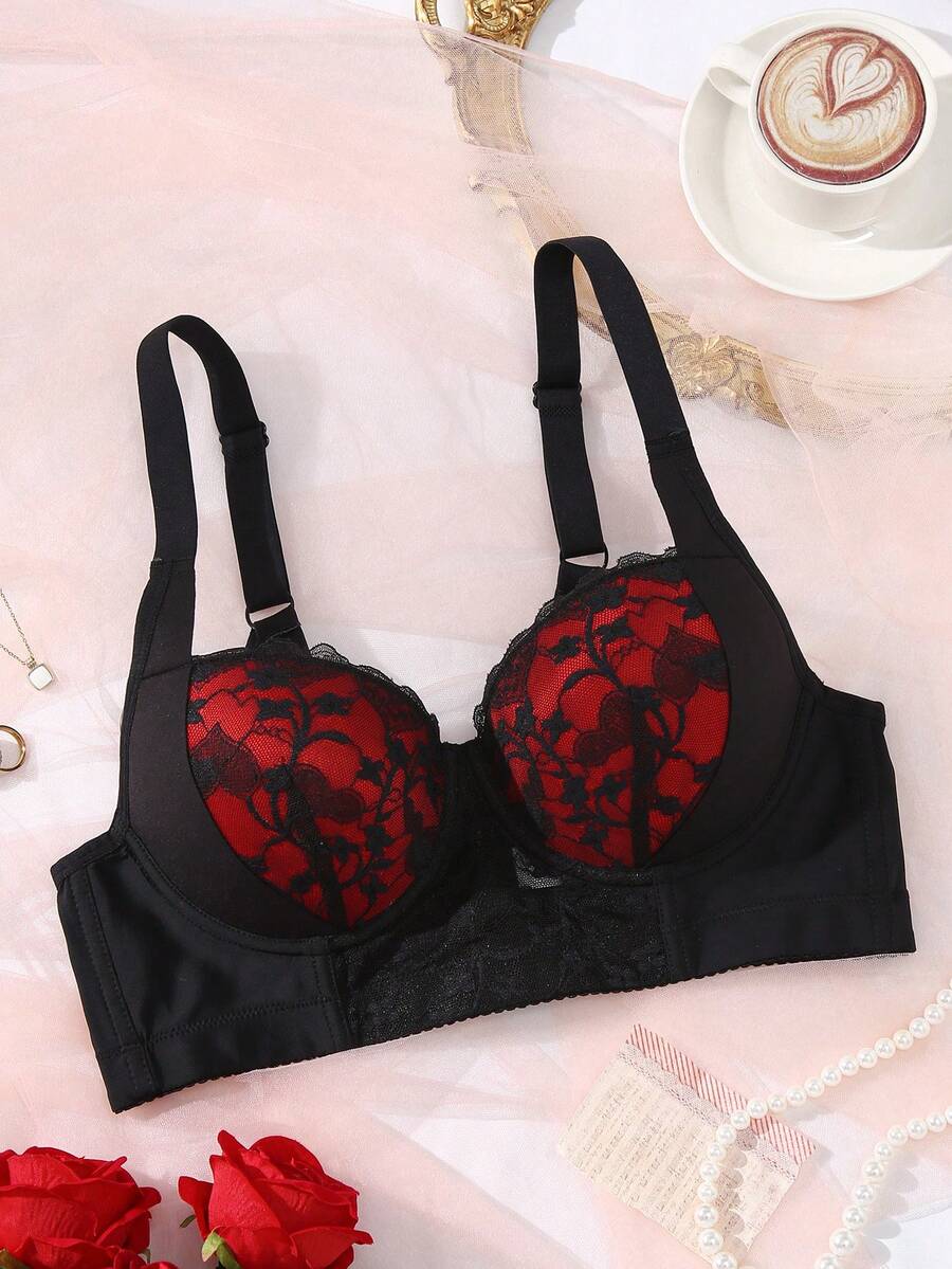 SHEIN 1件女士蕾丝文胸,休闲柔软舒适宽肩带聚拢可调节钢圈文胸 - 彩色 - 查看 1