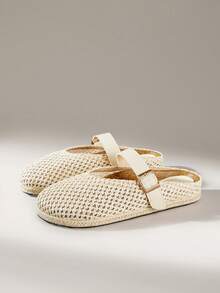 Solecia Women's Spring And Summer Hollow Woven Mesh Square Buckle Design Woven Hemming Flat Bottom Breathable Light And Comfortable Apricot Women's Casual Shoes Suitable For Travel, Vacation And Travel - Apricot - View 4