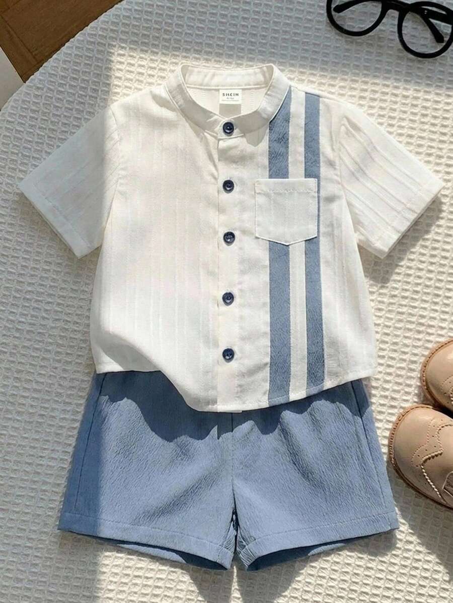 两件套男女童撞色上衣和蓝色短裤套装,舒适休闲,适合室内、室外、日常穿着、运动、玩耍、聚会、拍照、度假等场合。 - 彩色 - 查看 1