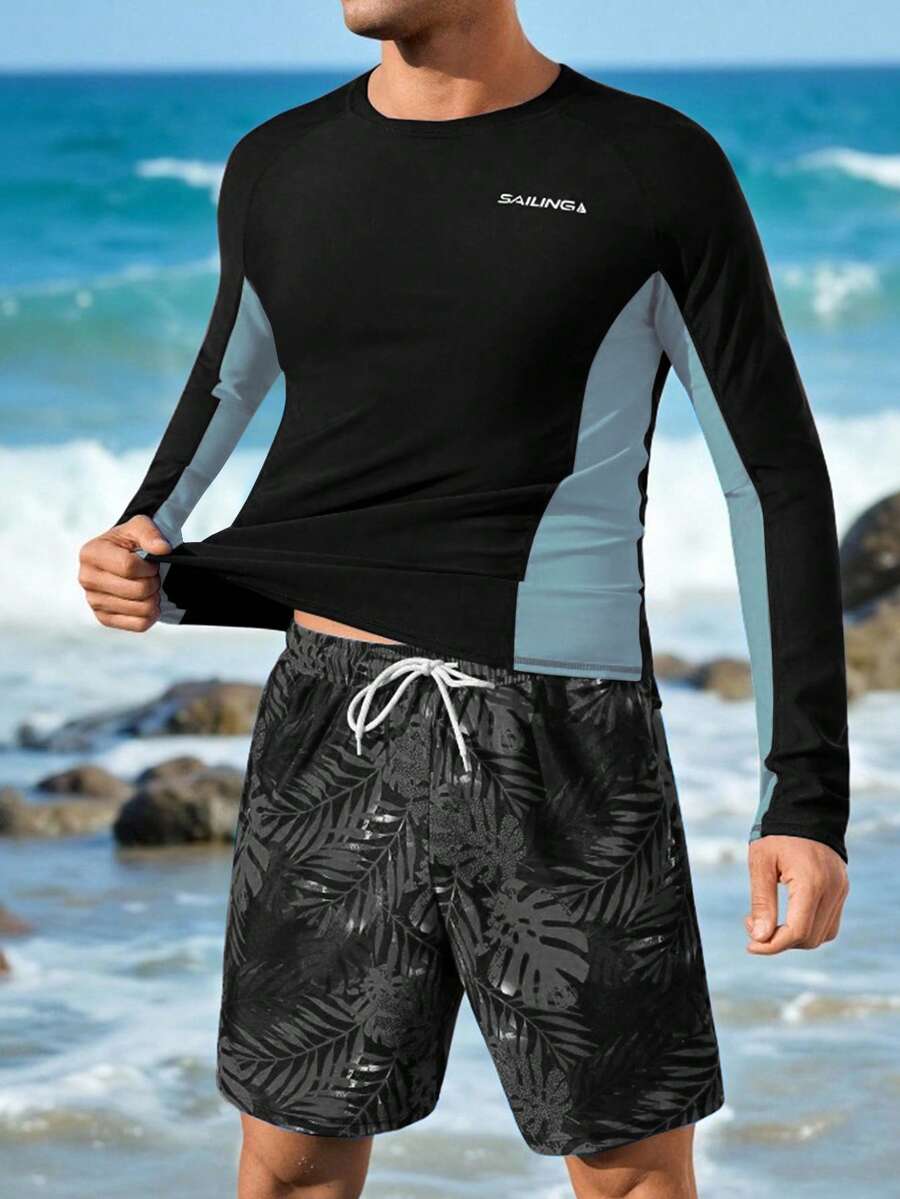 ZELFYO Men's Color Block Long Sleeve Rash Guard Top And Printed Swim Shorts Set, Surfing Swimwear, Holiday - Black - View 1
