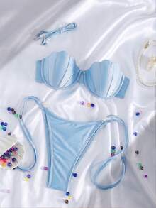 Swim SXY 夏季新品 INS 性感綁帶三角比基尼，美人魚貝殼包，螢光淺藍色 2 件式泳裝配珍珠飾品，海洋度假海灘比基尼套裝，甜美女孩水療海灘度假泳裝，生日派對度假海灘比基尼 - 淺藍色 - 查看 2