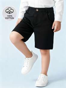 Tween Boys' Casual Everyday Commute Solid Color Elastic Waist Side Pocket Shorts, Summer - Black - View 3