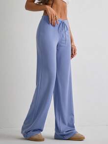 Pantalones casuales de pierna recta larga de unicolor para mujer con elasticidad media - Celeste - Ver 3
