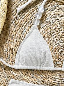Soleia Bộ bikini nữ màu trơn đính hạt cườm, kiểu cổ yếm, hở lưng, buộc dây phía trước. - trắng - Xem 7