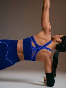 Powerista 女士撞色滚边透明弹力高强度运动文胸 - 藏蓝色 - 查看 7