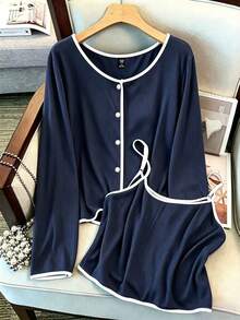 GlowEve CURVE Plus Size Casual Daily Contrast Rib Knit Camisole And Button Front Jacket 2 Pieces Set - Navy Blue - View 6