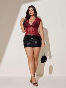 Viva Relle Damen Große Größen Rotes Spitzen-Transparent-Korsett-Top, Ärmellos V-Ausschnitt Blumen-Mesh-Bustier, sexy figurbetontes Spitzen-Top für Clubwear, Ausgehen & Layering - Bordeaux - Übersicht 3
