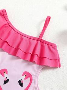 SHEIN 女婴可爱卡通图案撞色荷叶边泳衣 - 彩色 - 查看 3