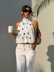 Aloruh Women's Polka Dot Print Halter Elegant Sleeveless Top, Spring/Summer,Summer Top - White - View 4