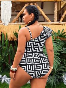 Swim Oasis Women's Summer Black & White Floral Print One-Piece Swimsuit,Twist Front One-Shoulder Ruffle Sleeve Slim Swimwear For Beach,Vacation & Holiday Resort - Black and White - View 2