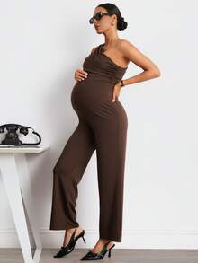 MaterniWear Maternity Solid Color Pleated Asymmetric Neckline Elegant Sleeveless Jumpsuit Baby Shower Photoshoot Summer Maternity Photoshoot - Brown - View 7