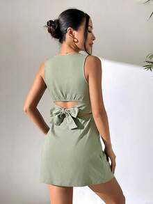 SHEIN EZwear 橄榄绿无袖露背编织连衣裙（女款） - 橄欖綠 - 查看 2