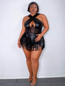 CurvyTilda Plus Size Plain Cross Contrast Mesh Bodysuit Vacation Summer, For Hourglass Body Shape - Black - View 4