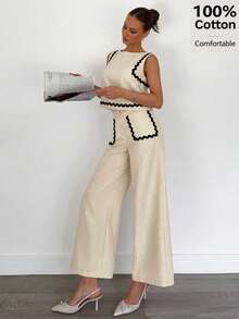 Siren Gaze 2pcs Women's Summer Set, Contrast Trim Blouse And Solid Color Casual Loose Pants, Daily Casual/Work Outfit, Sleeveless Scalloped Crop Top 100%Cotton - Apricot - View 5