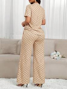 SHEIN Lady 女士V领短袖抽绳褶皱扭结上衣和阔腿裤两件套，适合春、夏、秋季穿着。 - 彩色 - 查看 2