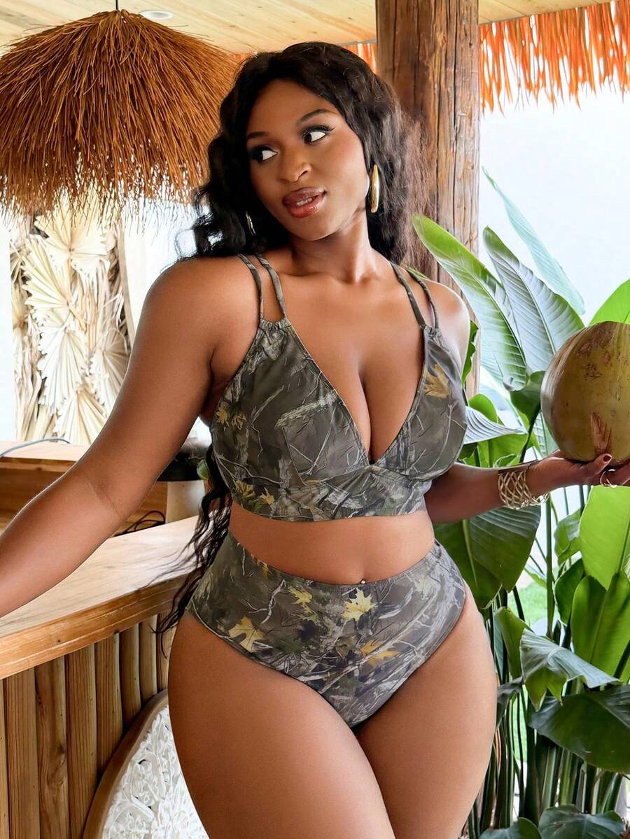 Slaydiva Conjunto de bikini con estampado de ramas de árbol para vacaciones de verano de talla grande - Multicolor - Ver 1