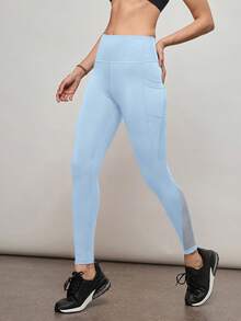 Activina Solid Color Mesh Patchwork High Waist Skinny Leggings - Baby Blue - View 7