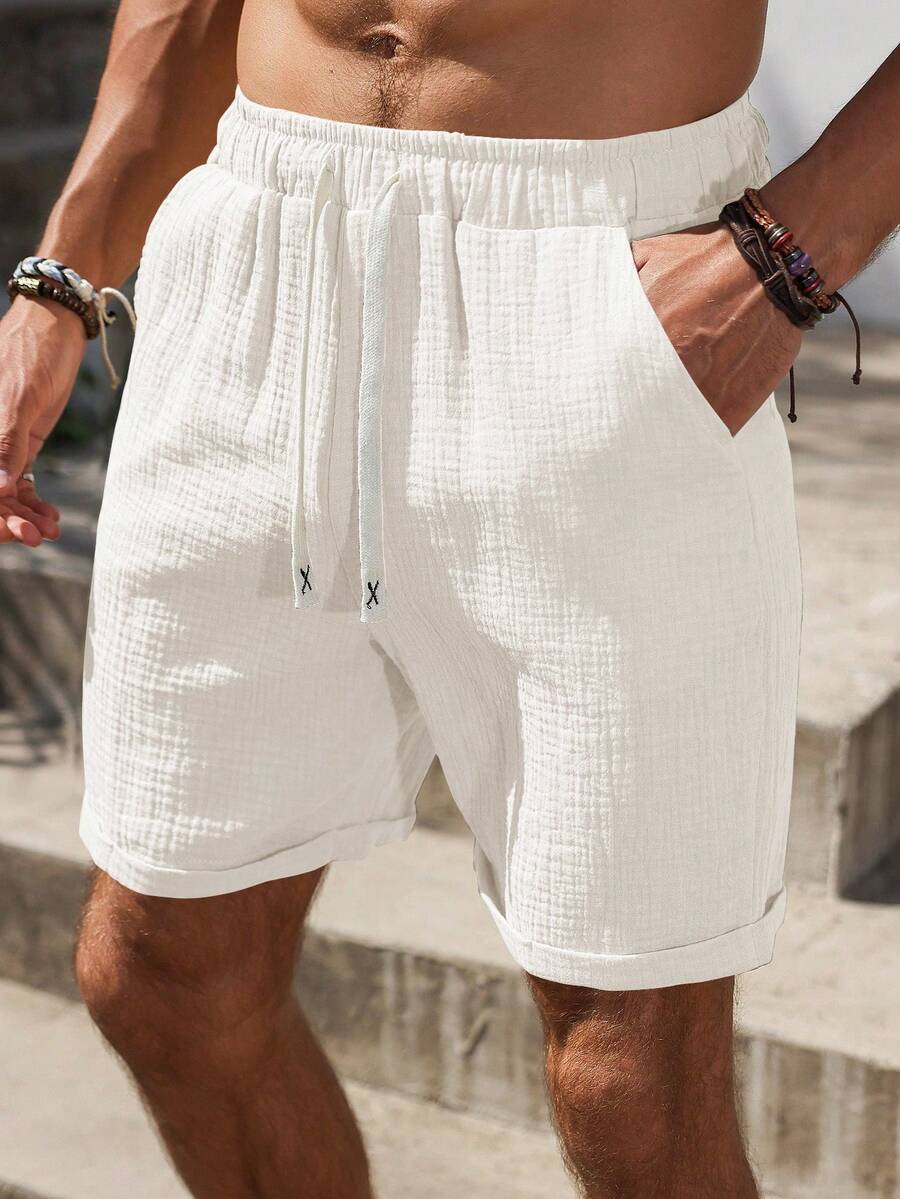 Genlund Shorts de algodón puro texturizado con cintura de cordón y bolsillos para hombre, vacaciones - Beis - Ver 1