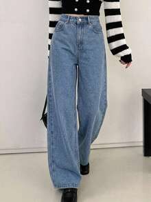 DAZY Solid Color Loose Fit Wide Leg Long Denim Pants Women Jeans - Medium Wash - View 7