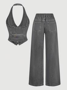 Sweetra Intellektueller und eleganter Damen Jeans-Outfit - Grau - Übersicht 2