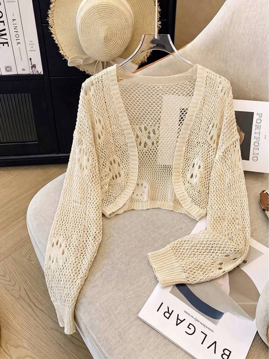 Franclia 蝙蝠袖鏤空冰絲針織薄款開襟外套 - 杏色 - 查看 1