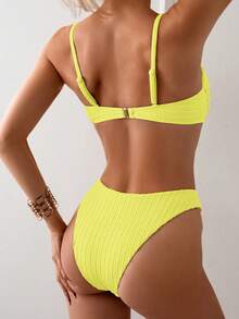 SHEIN Swim Women's Summer Beach Solid Color Ruched Sexy Bikini Set - Yellow - View 2