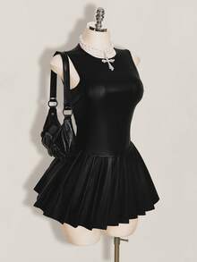 SHEIN ICON 女士纯色圆领无袖褶裥下摆迷你连衣裙 - 黑色 - 查看 3
