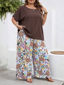 SHEIN CURVE+ Curve 尺码 US22 音乐节、海滨度假、波西米亚风两件套女士度假宽松衬衫和碎花长裤套装 夏季套装 - 棕色 - 查看 4