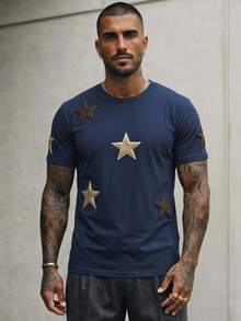 Manfinity RebelGame Men's Casual Streetwear Knit Embroidered Five-Pointed Star Raglan Short Sleeve T-Shirt, Suitable For Daily Wear Vacation Navy Blue Summer - Navy Blue - View 2